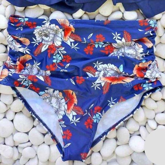 NWT: High Waist Navy & Floral Ruffle Two Piece Bikini - Picture 5 of 11